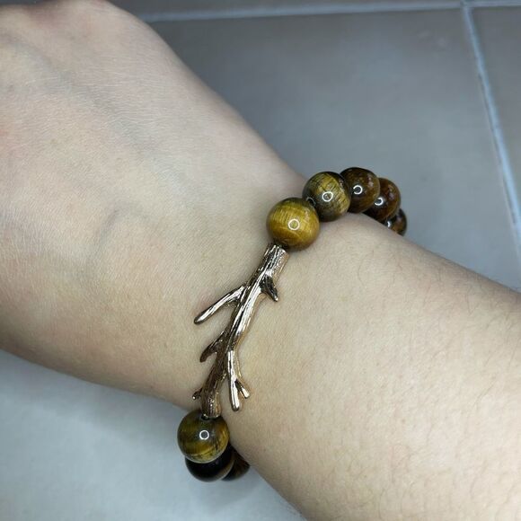 Tigers Eye Beaded Gold Tone Branch Stretch Bracelet 7in - Picture 7 of 7